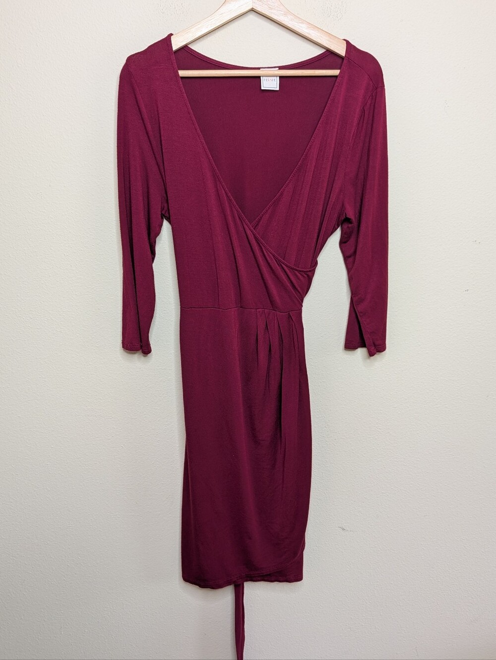Hershe 1X Burgundy Faux Wrap Dress with Three-Quarter Sleeves